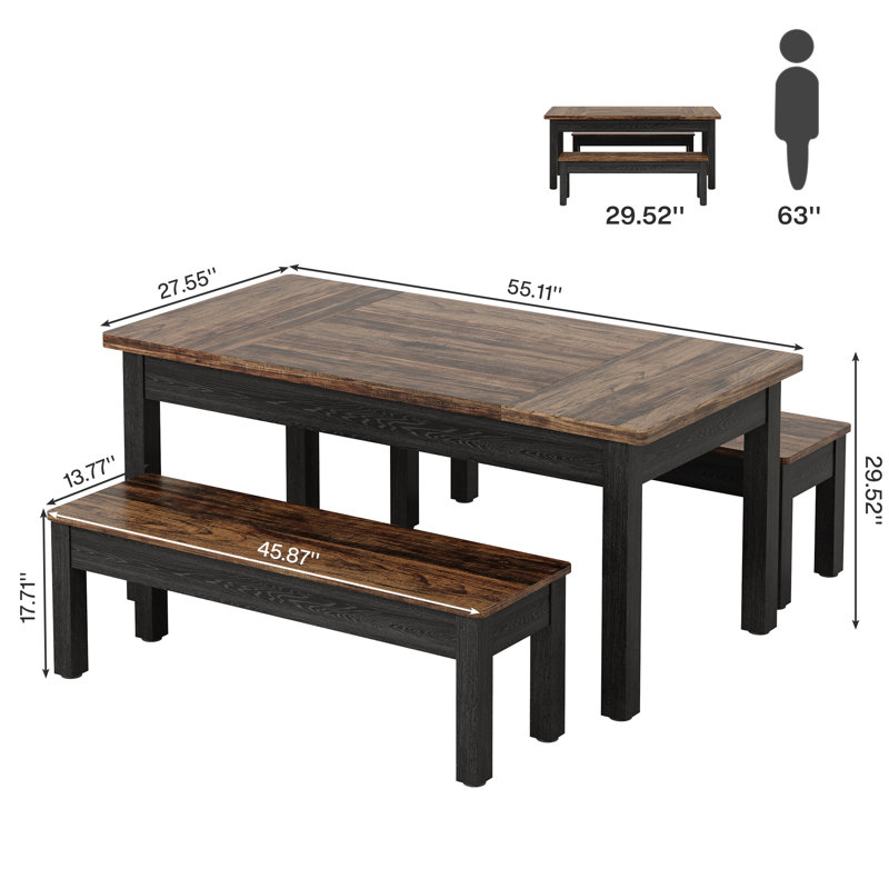 Ensemble de table de salle à manger en bois 3 pièces avec 2 bancs