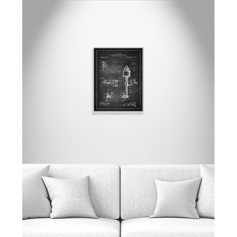 «Boat Motor 1 Blueprint - Black», cadre flottant, impression sur toile, Cadre blanc, H 28 po x l 22 po x P 2 po