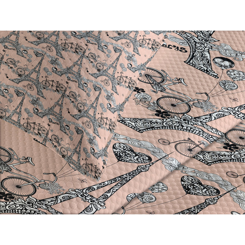 Ambesonne Eiffel Bedspread Set  Retro Landmark  Pale Salmon Black White, King Coverlet / Bedspread + 2 Standard Shams