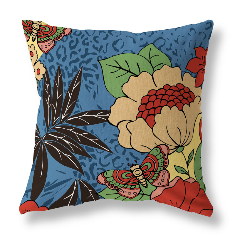 Coussin Roaring Florals, 18"H x 18"W, Blue/Red