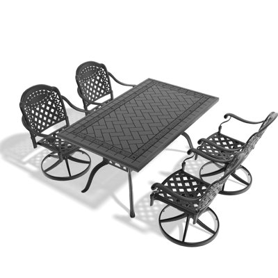 Outdoor Dining : Cast Aluminum Swivel Chairs & Rectangular Table, Black, Elegant Design, Comfortable Seating, To Weather , Includes Cushions, Easy Ass