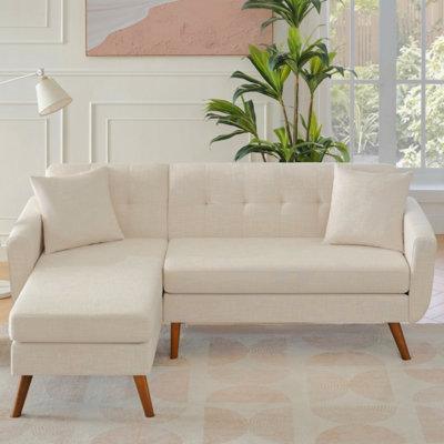 L Shaped Couch Sofa, Mid-Century Modern Sectional Couches For Living Room, 3 Seat Couch With Wide Chaise Lounge & Two Pillows,Button Tufted Upholstere -  George Oliver, 23FF2B86BEC344DDABBE9B75D7DE599C