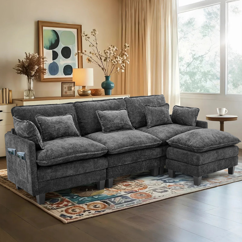 Canapé modulaire rembourré en L 4 pièces 4 pièces, Chenille noir