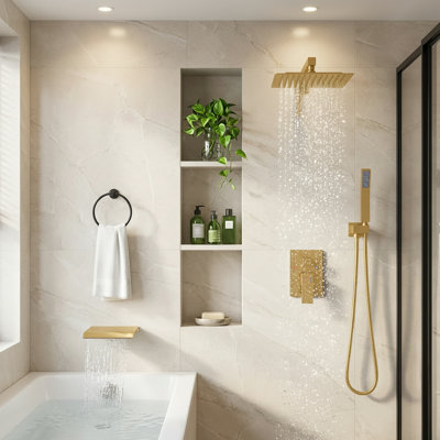 Complete 10" Rain Shower System With Waterfall Tub Spout - Brushed Gold Wall Mounted Shower Faucet Set With Handheld Spray And Rough-In Valve