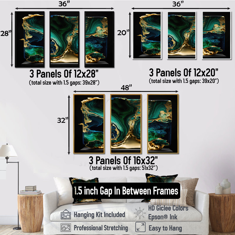 Géode abstraite marbre vert et bleu I - impression 3 pièces, Noir, H 32 po x l 48 po x P 1 po