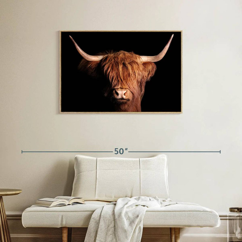 Vache écossaise Highland, Cadre flottant en bois naturel, 37 po x 25 po