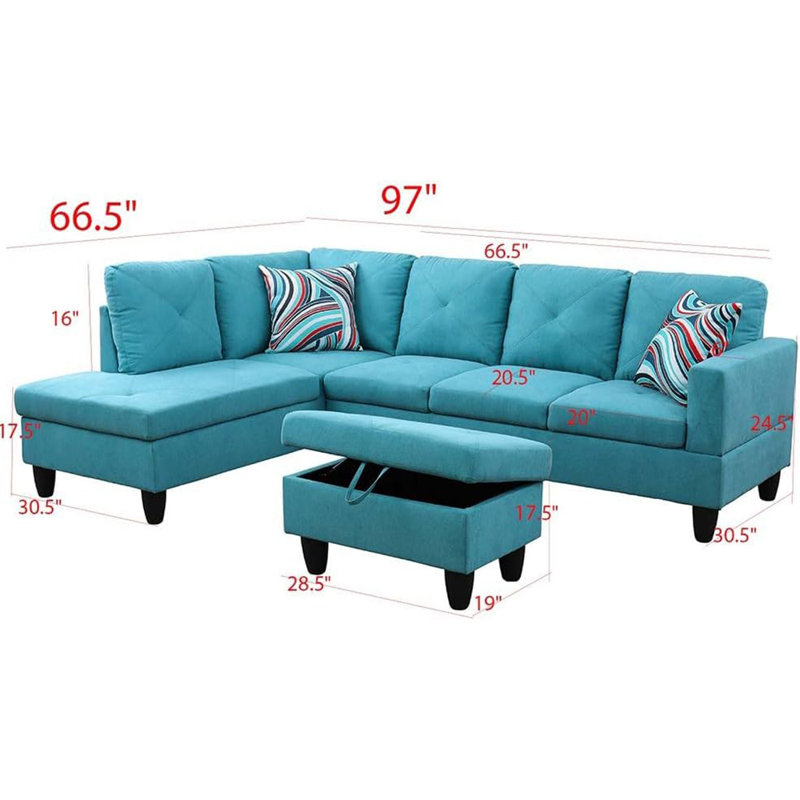 3-piece Linen Sectional Sofa, Left Hand Facing, Aqua Blue