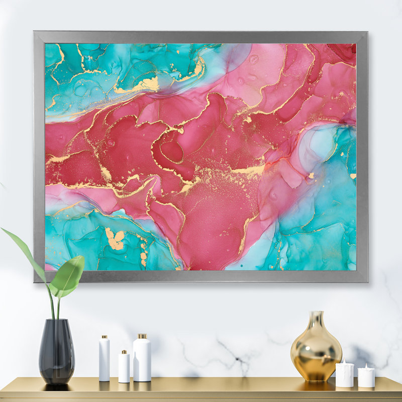 Reproduction d'art sur toile, rose et turquoise, H 30 po x l 40 po x P 1,5 po, Cadre photo argenté