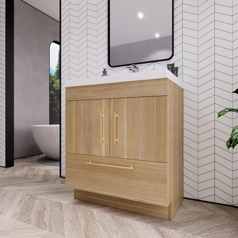 Maplesville 29.53'' Single Bathroom Vanity with Acrylic Top, Champagne Oak