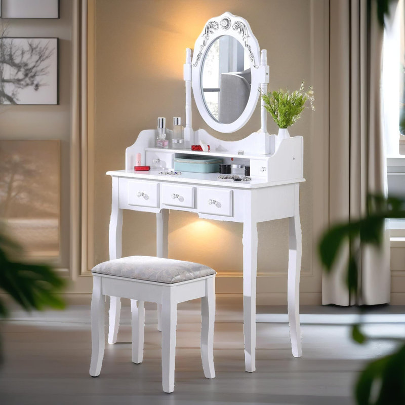 Arbaaz White Dressing Table With Mirror And Stool Vanity Desk Bedroom Furniture