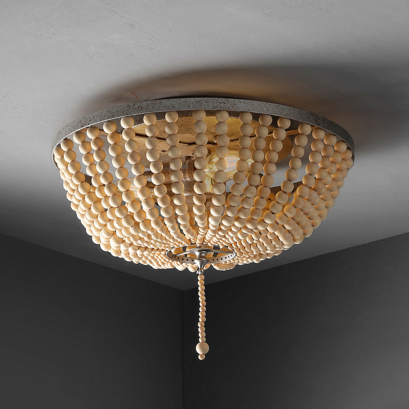Ohlone Farmhouse Wood Beaded/Metal LED Flush Mount, 12.5" H x 15" W x 15" D, Antique Silver