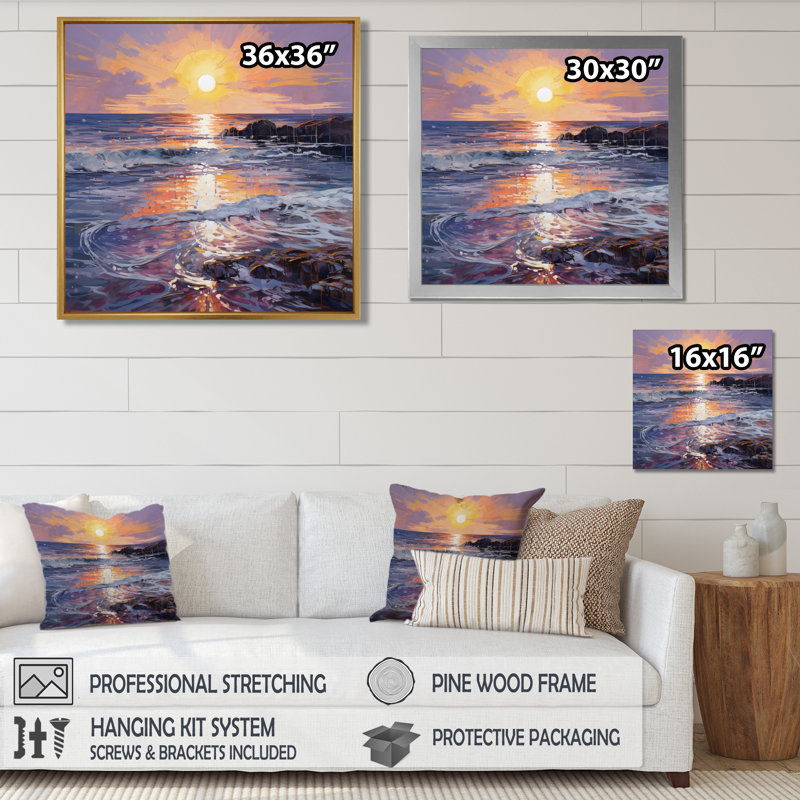 «Mauve coucher de soleil mauve, vagues calmes se brisant sur le rivage», Toile avec cadre flottant noir