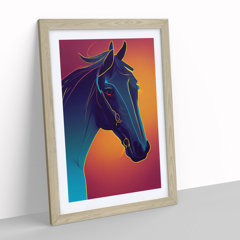 Neon Horse - Single Picture Frame Print, 64cm H x 46cm W x 2cm D, Oak