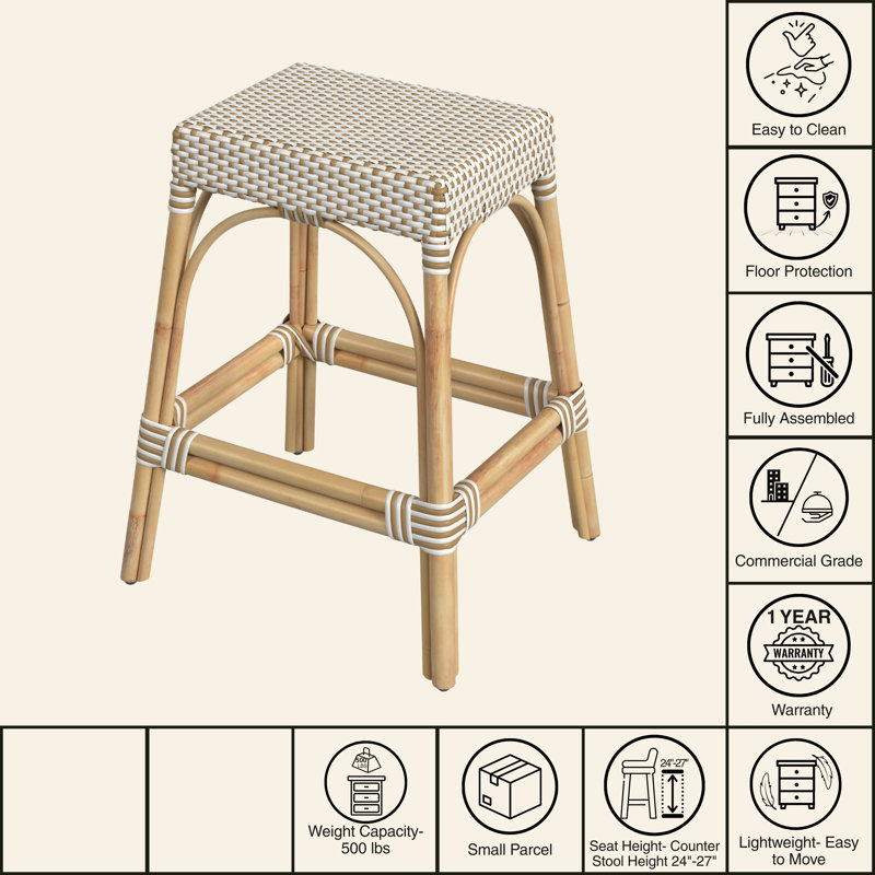 Robias Rattan Bar & Counter Stool, White/Tan Dot / Natural Rattan Frame, Counter Stool (24.5" Seat Height)