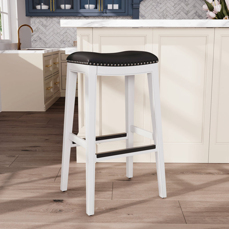 Tabouret 30 ", finition blanche, siège en cuir noir
