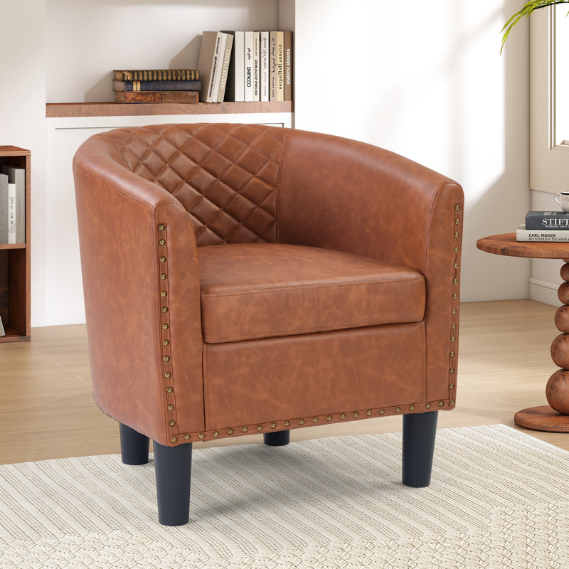 25.2" W Vintage Faux Leather Barrel Chair With Tufted Back And Nailhead Trim, 4