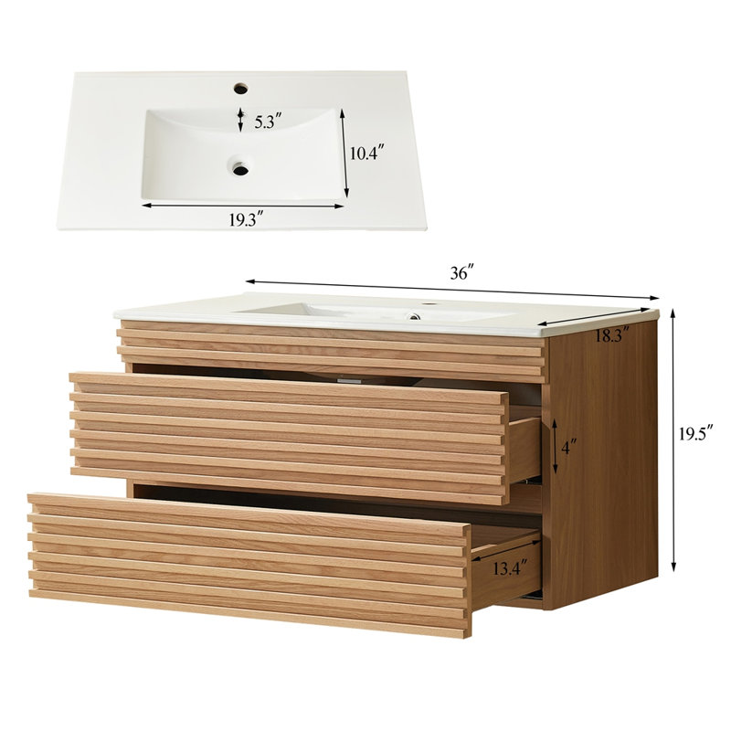 Meuble-lavabo simple mural et flottant pré-assemblé de 36 po avec comptoir en céramique