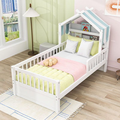 Wooden House Bed with Safety Guardrail