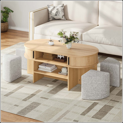 Ensemble de tables basses ovales avec rangement et 4 tabourets en tissu