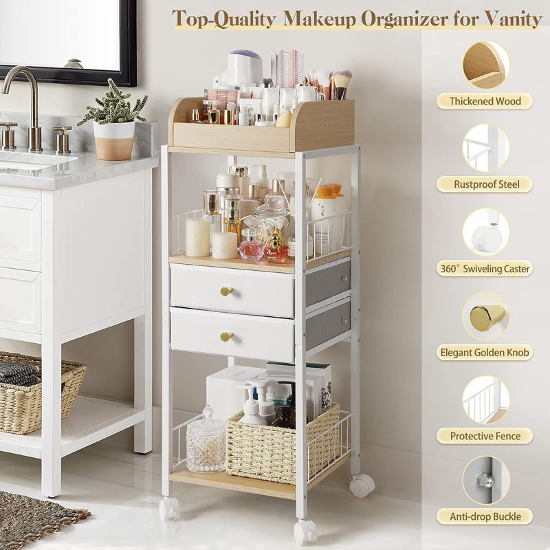 White and Wood Floor Makeup Organizer with Drawers