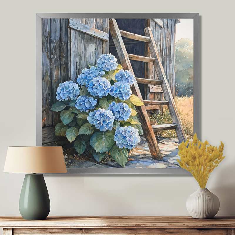 Hydrangées par l'échelle de la grange - art mural hortensias, H 16 po x l 16 po, Reproduction encadrée d'une seule photo