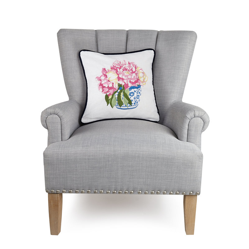 Pretty in Pink Flower Embroidered Square Pillow, 16" Ramie & Cotton