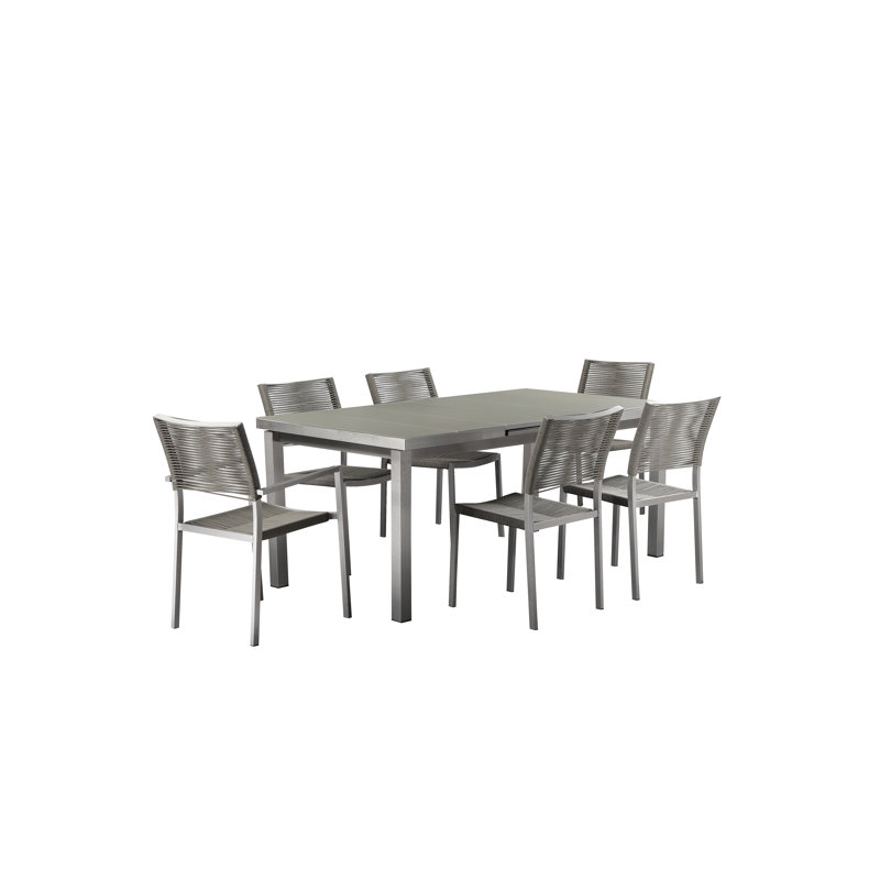  Pangea Home Bella 7 Piece Aluminum Patio Dining Set with Extendable Rectangular Table – Modern Outdoor Furniture with Quick-Dry Rope Chairs & Tempered Glass Tabletop