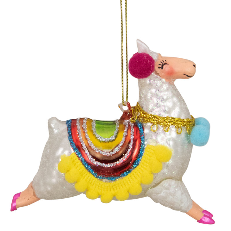 Ornement de Noël en forme de lama scintillant blanc et jaune 4 po