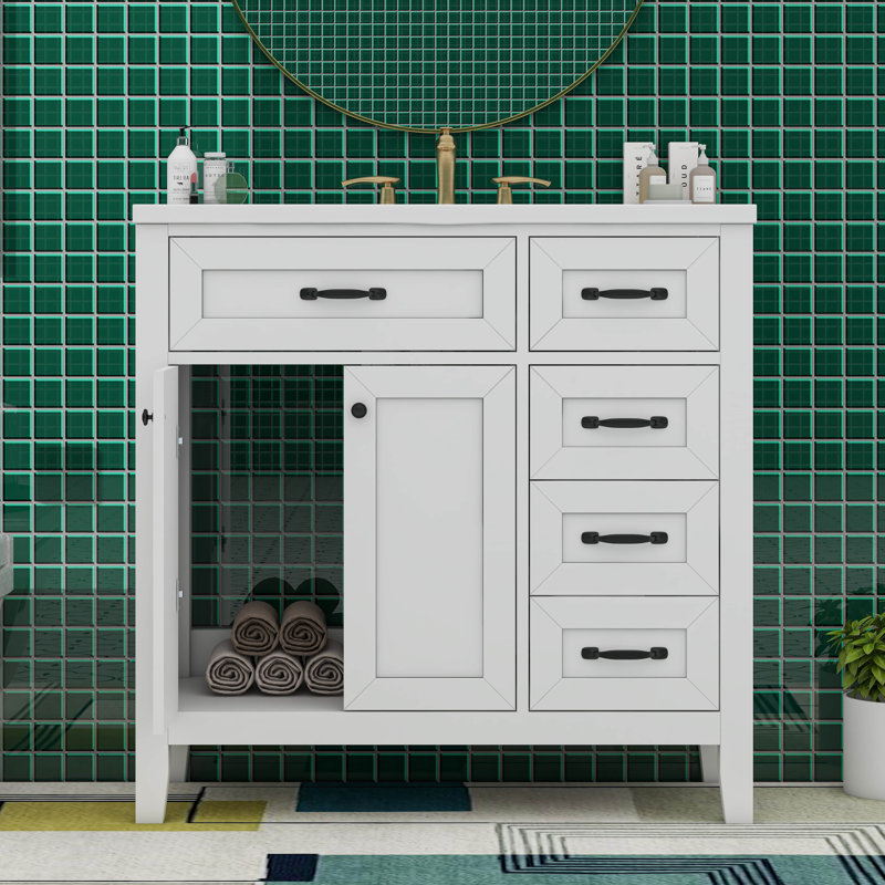 36" Bathroom Vanity With Integrated Ceramic Sink, White