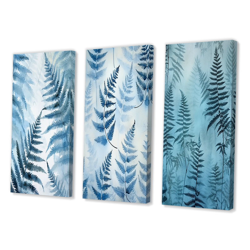 «Blue Fern Fond», 3 pièces sur toile, Toile tendue, H 28 po x l 36 po