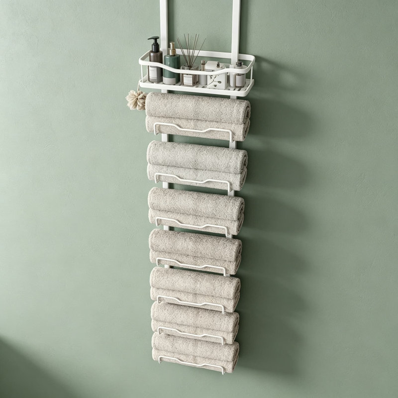Over The Door Towel Rack for Bathroom No Drill, Vertical Towel Storage Organizer with Large Hanging Racks for Rolled Towels and Bath Accessories, Space-Saving Tiered Holder for Small Bathrooms, RV, Camper, Apartment
