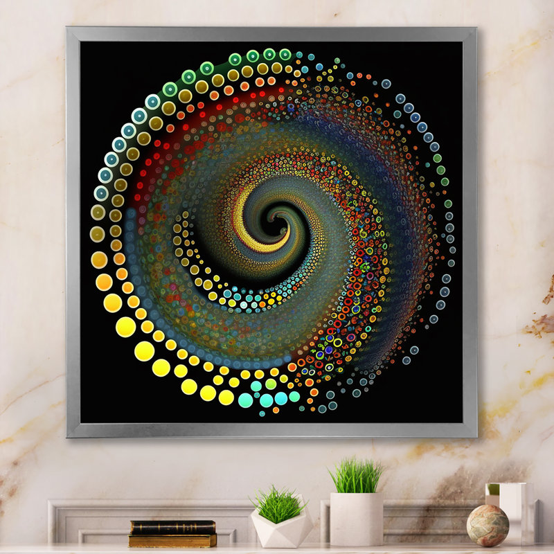 Iridiscdent pointillism spiral sur toile, H 16 po x l 16 po x P 1 po, Cadre simple argenté