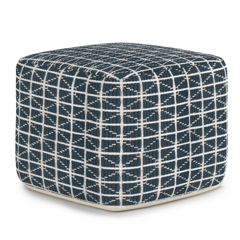 Noreen 18"W Square Hand-Woven Cotton Pouf, Dark Blue/White