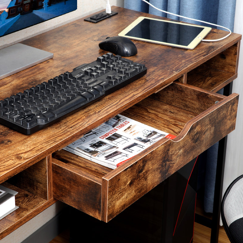 Desk with Built-in Outlets - Modern Office Desk with USB Charging Ports, Rustic Brown/Black