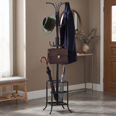 Portemanteau autoportant avec rangement pour parasol pour vestibule, porte-manteau en métal à crochets multiples avec base robuste pour manteaux, chapeaux, parapluies et foulards