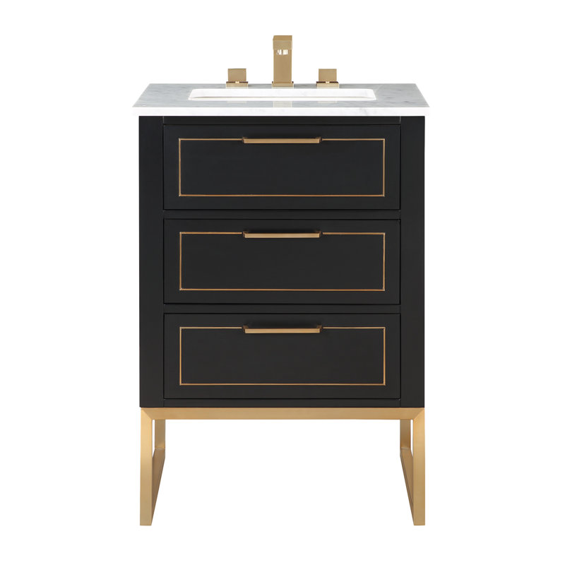 Ensemble de meuble-lavabo simple 24 po Markham, Nuit noire, Marbre de Carrare, Laiton satiné