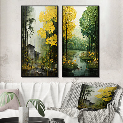 «Yellow Trees Verdant Canopy Patchwork», 2 pièces