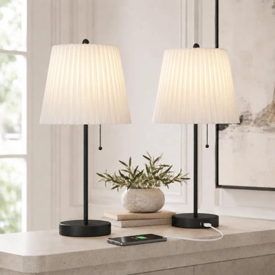 20.75 Inch Modern Metal Table Lamps Set of 2 Pull Chain Operation With USB Charging Port Pleated Fabric Shade Decorative Nightstand Lighting for Bedroom Living Room and Desk Surfaces Bulbs Not Included