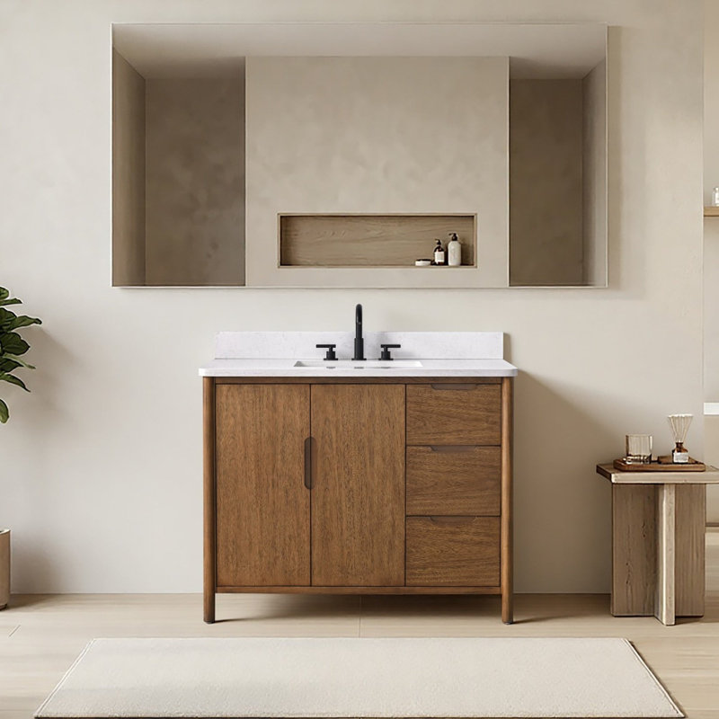 Meuble-lavabo autoportant à simple cuve 42 po avec plateau en pierre reconstituée Lucerne , Tan, 42
