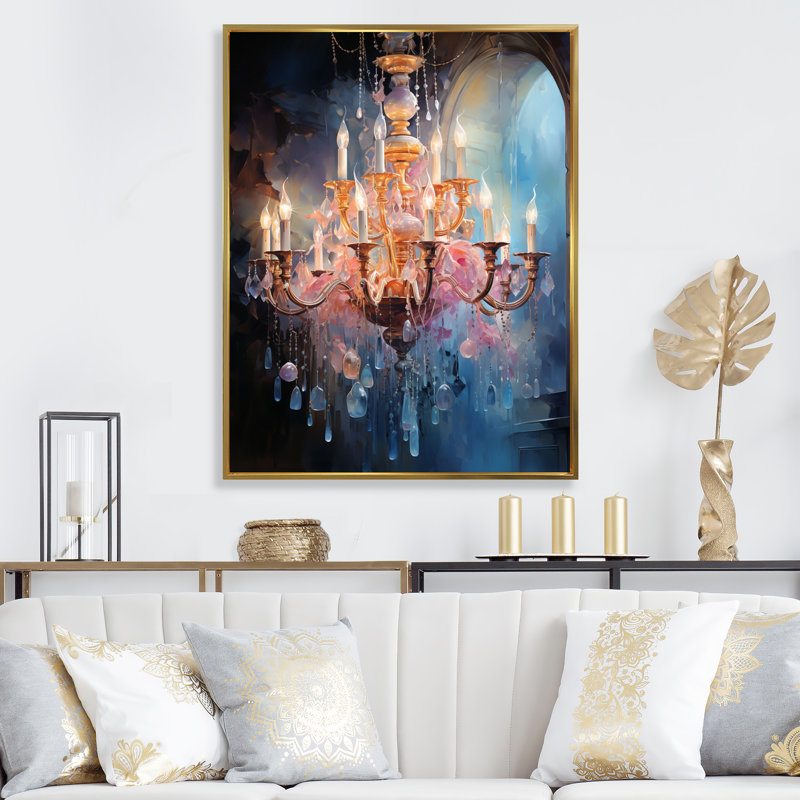 «Chandelier Glimmering Symphony Pointillism II», reproduction sur toile, H 44 po x l 34 po x P 1,5 po, Cadre flottant doré