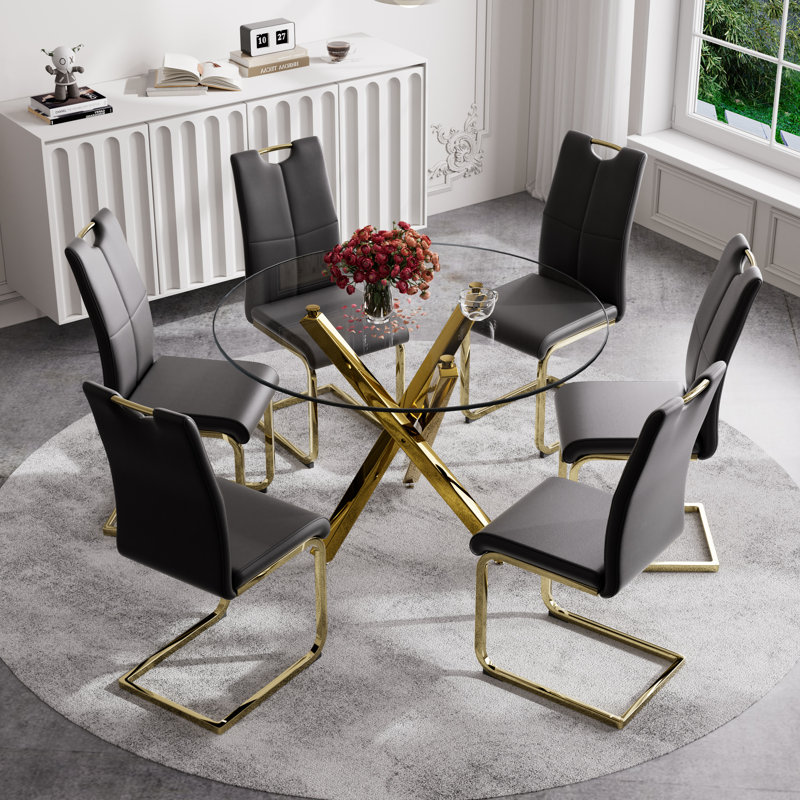Ensemble de salle à manger 7 pièces, table et 6 chaises, Noir / or, H 29,52 po x L 39,3 po x l 39,3 po, Or