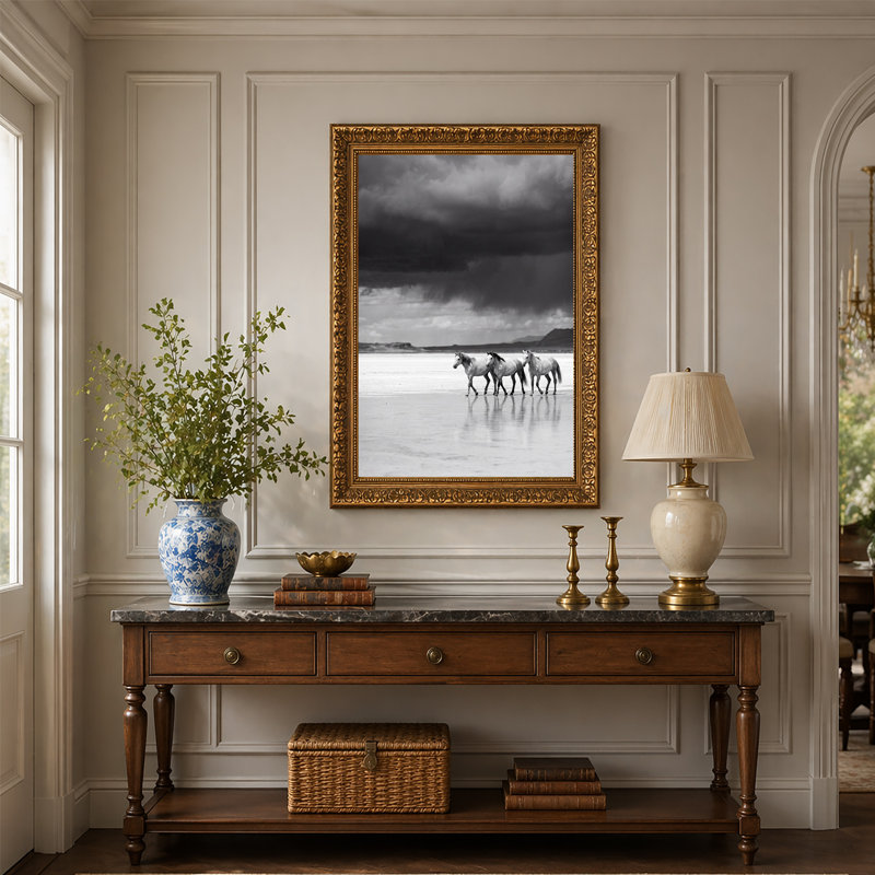 «Three Horses Walking on Salt Flat Under Dark Stormy Sky», art mural, H 30 po x l 20 po