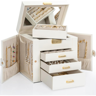 Leather Jewelry Box Organizer With Lockable Top Layer, 3 Drawers & Mirror - Spacious Storage For Rings, Necklaces, Earrings, Bracelets & Watches