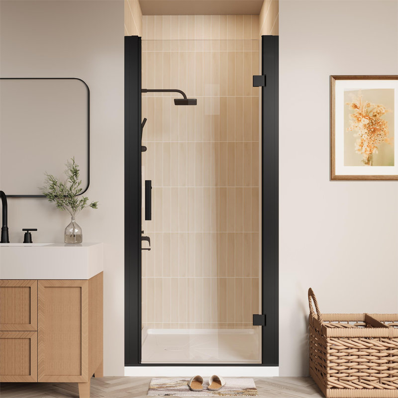 Porte de douche pivotante sans cadre pivotante en noir avec verre transparent, Noir