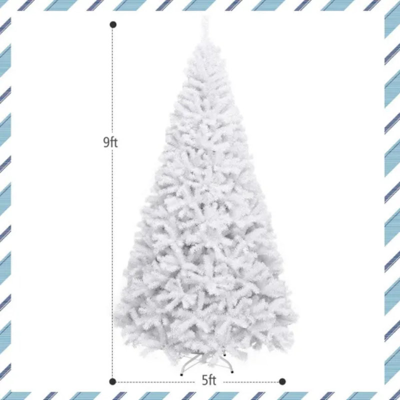 Arbre de Noël pin artificiel articulé blanc en PVC de 6 à 9 pi avec embouts de branches denses et support en métal robuste, décoration de Noël personnalisable pour le bureau à domicile et la présentation hivernale