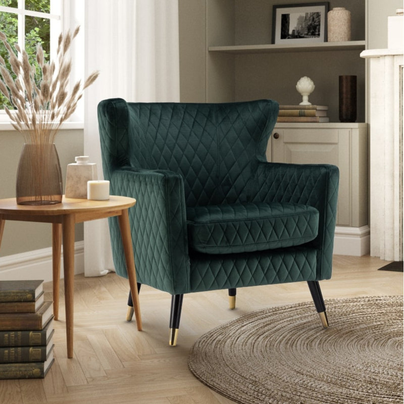 Ghita Quilted Accent Velvet Wingback Chair, Bottle Green