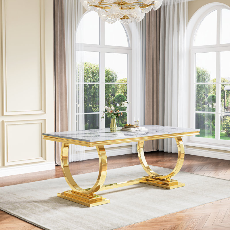 Metal Base Dining Table, White, Gold