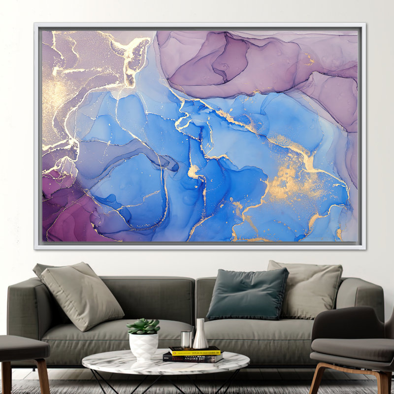 Encre de luxe abstraite à l'encre alcoolisée - décoration murale en toile marbrée dorée dans des tons mauves et bleus, Blanc