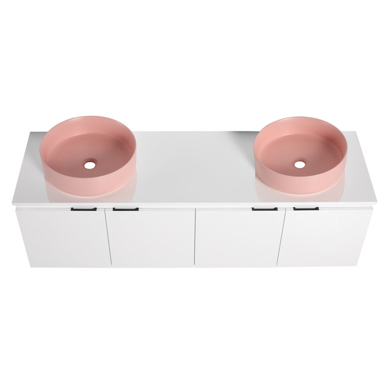 Dalmahoy 60" Bathroom Vanity with Sink, 60 Inch Floating Vanity, Double Sink Wall Mounted Vanity Combo, Modern White Bathroom Vanity Set with 4 Doors and Ceramic Basin Sink