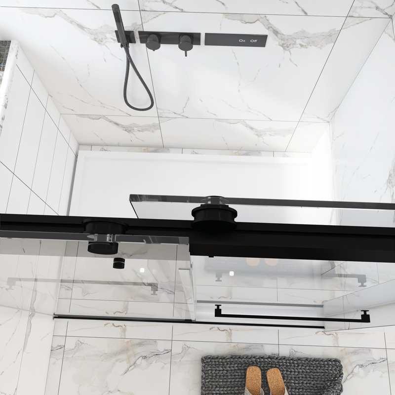 Porte de douche sans cadre avec verre transparent l 72 po x H 76 po, Noir mat